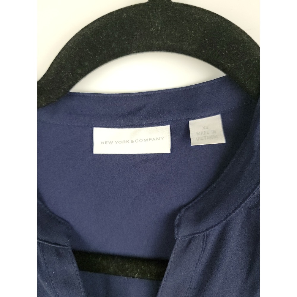 New York & Company Womens XS Navy Blue Split Neck Long Sleeve Blouse Epaulettes - Picture 2 of 10